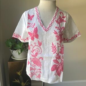 Johnny Was White V-Neck Short Sleeve Tee with Pink Floral Embroidery